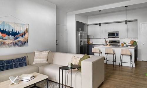 interior of bootes apartments; couch sectional forefront and kitchen in the back