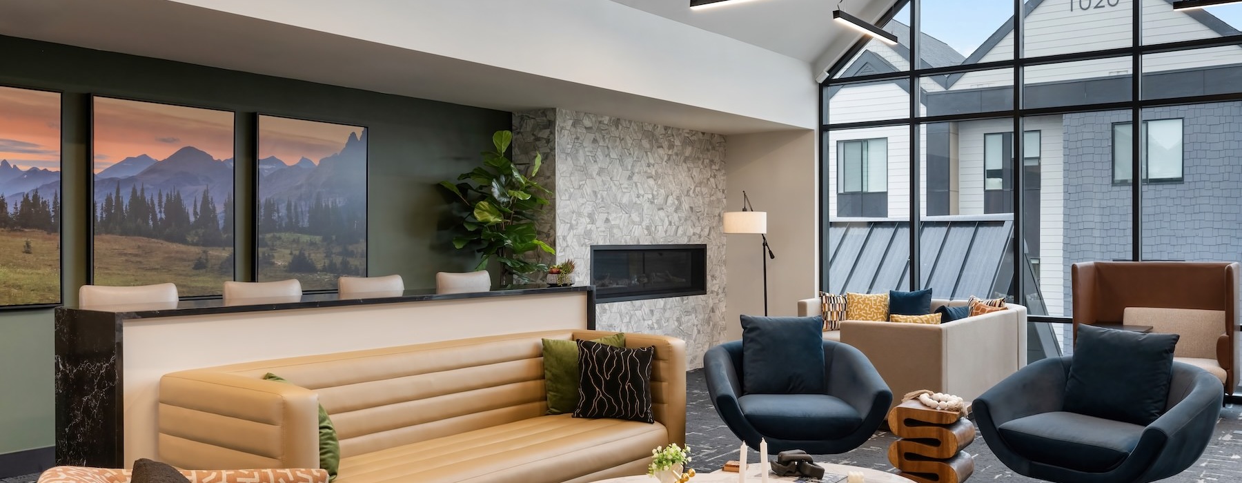 a spacious room with large windows