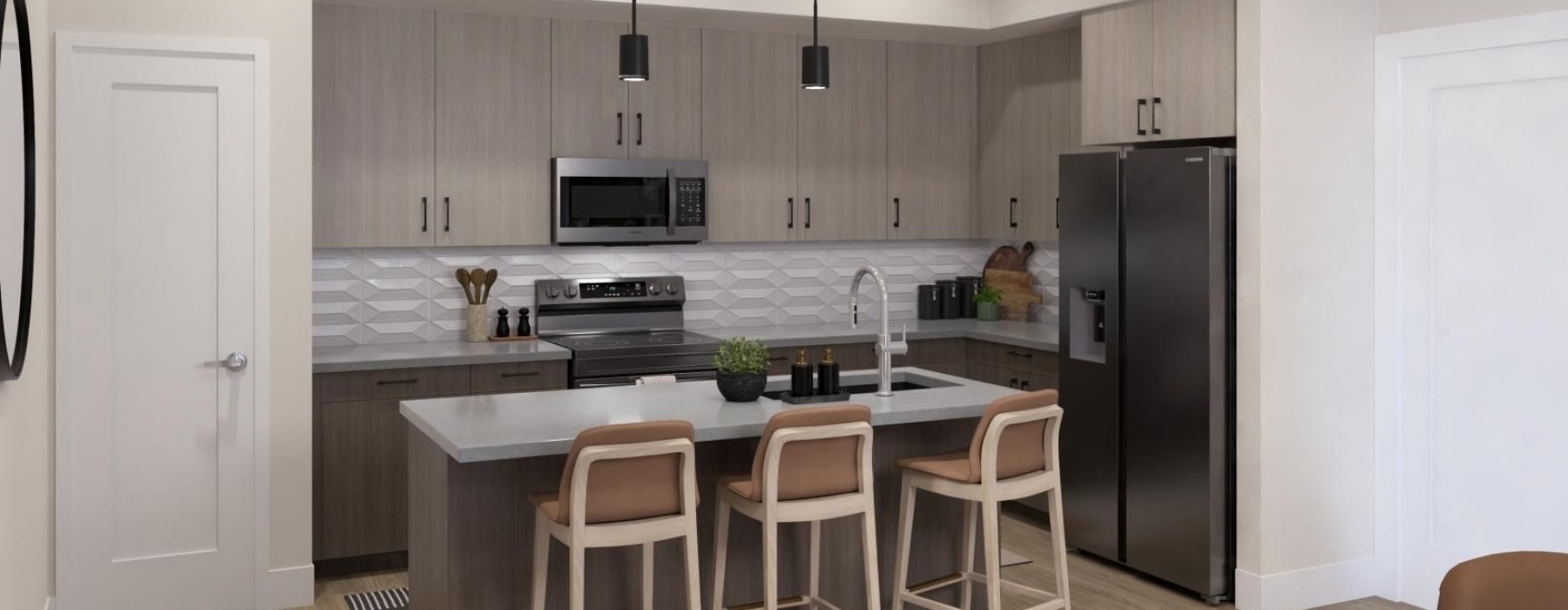 large kitchen with kitchen island, stainless steel appliances and modern amenities