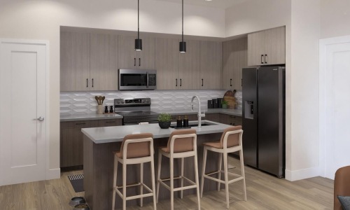 large kitchen with kitchen island, stainless steel appliances and modern amenities